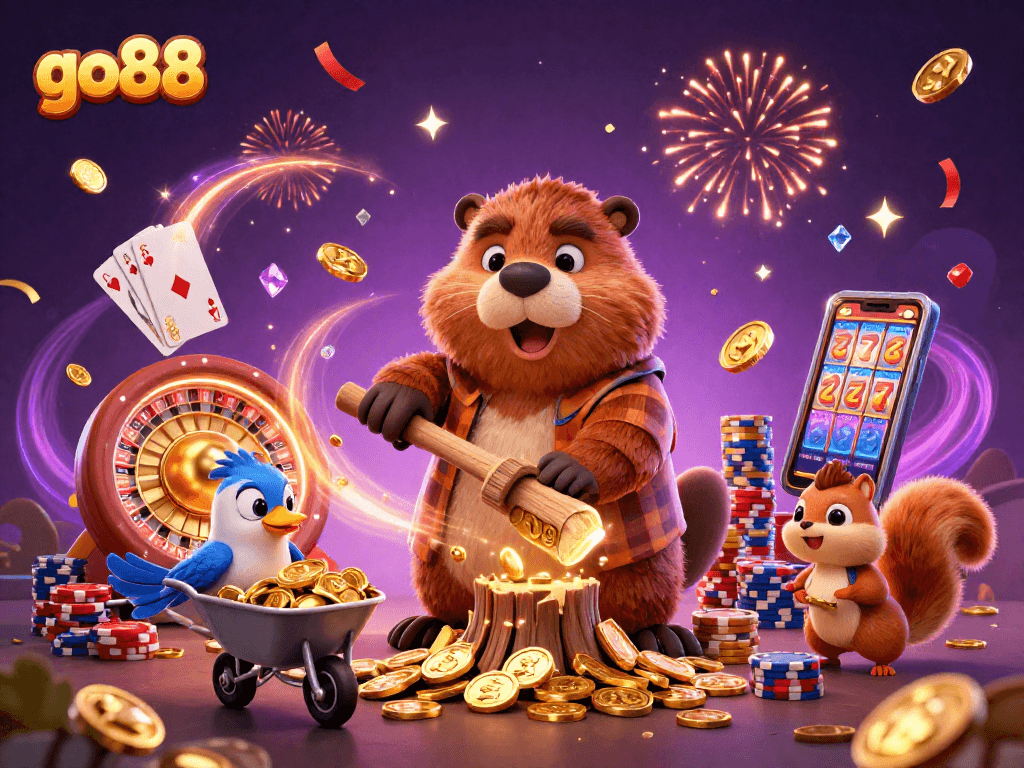 Earn big with go88 as a beaver collects coins in a vibrant casino setting packed with fun.