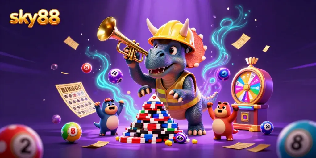 Engage in thrilling gaming action at sky88, featuring a dinosaur constructing poker chip pyramids amidst colorful lottery elements.