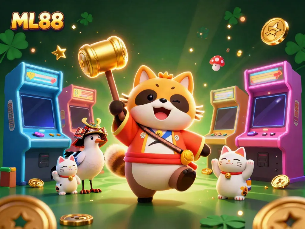 Engage in exciting gaming adventures at ML88 featuring vibrant characters and arcade machines.