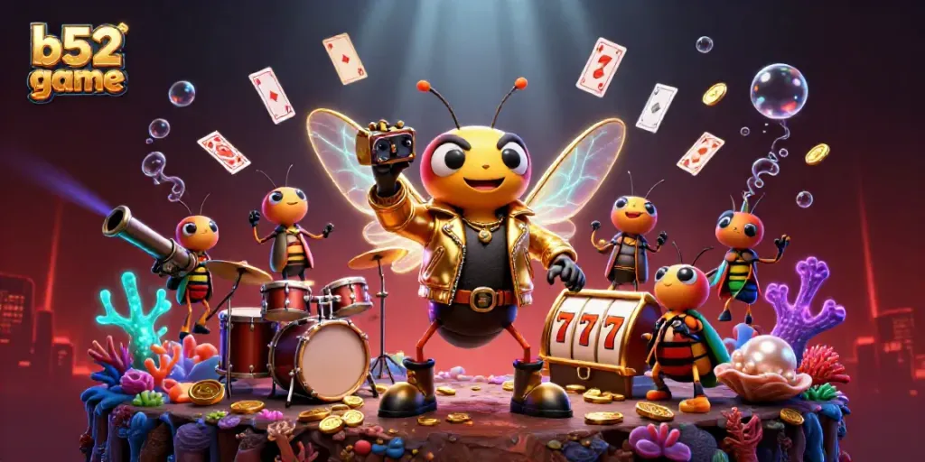 Win big with b52 game in this vibrant, action-packed casino scene featuring a rock star and gaming elements.