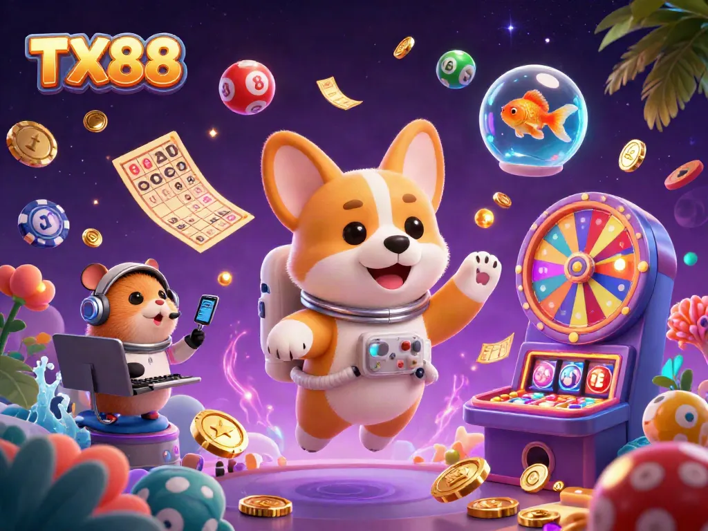 Experience the excitement of TX88 casino with a playful corgi, vibrant lottery elements, and a goldfish in space!