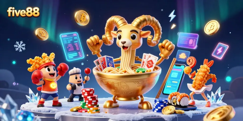 Engage with thrilling five88 gaming action featuring vibrant characters, chips, and crypto elements.