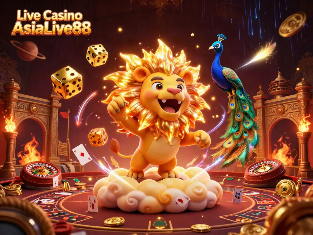 Experience thrilling gameplay at Live Casino AsiaLive88 with vibrant 3D lion and casino elements.