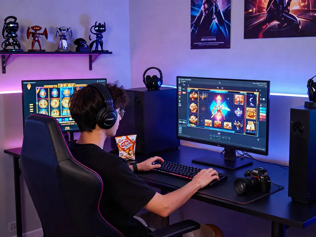 Engaging scene of a player using the link slot gacor platform on a vibrant, high-tech gaming setup.