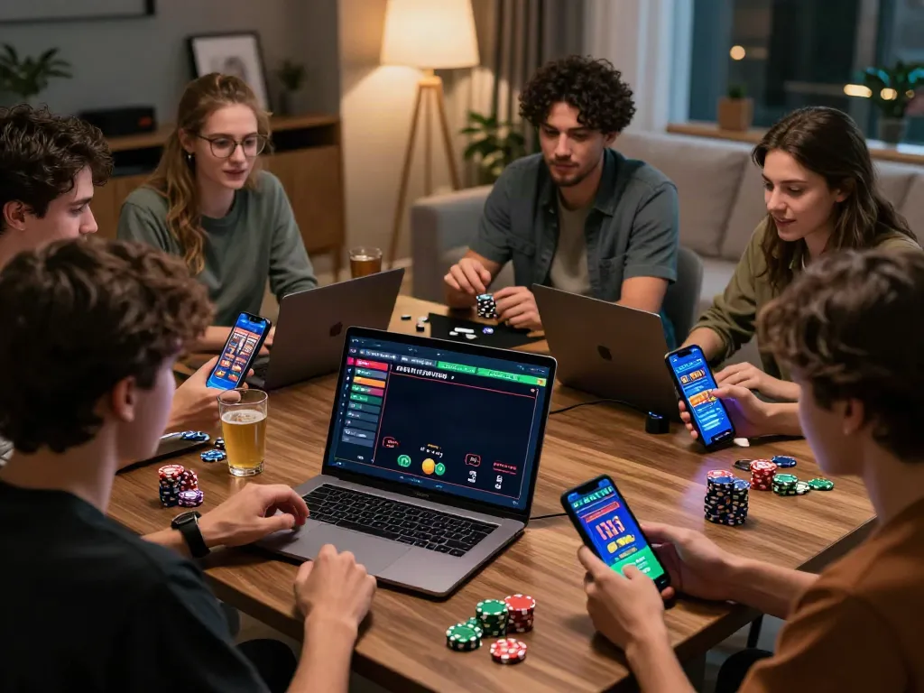 Online gaming excitement at https://man881.jp.net/ with friends enjoying live betting and casino games.