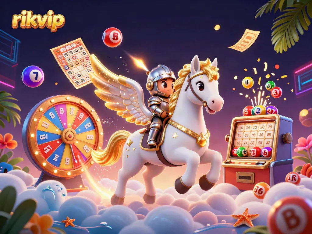 Play thrilling games on rikvip with a vibrant scene featuring colorful lottery balls and a celestial horse.