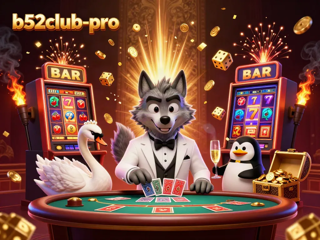 Experience the thrill of b52club-pro with a vibrant 3D casino illustration featuring a wolf, swan, and penguin.