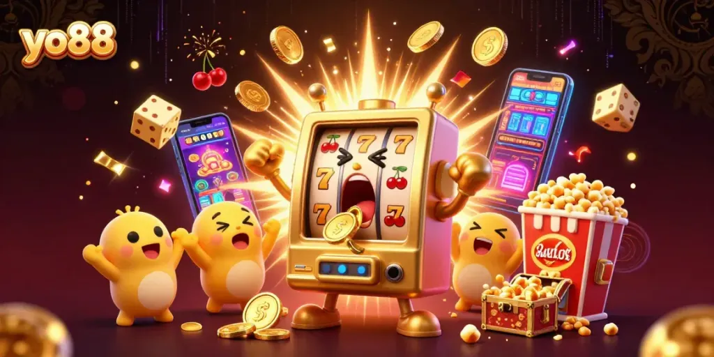 yo88 slot machine hits jackpot, coins burst out, showcasing vibrant casino elements