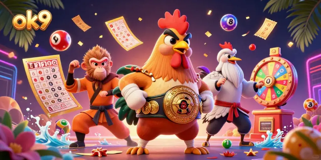 Engage with ok9's vibrant lottery scene featuring energetic characters and dynamic game elements.