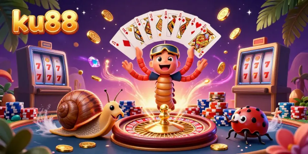ku88 gaming scene with a millipede dealer and a high-roller snail amidst vibrant casino elements