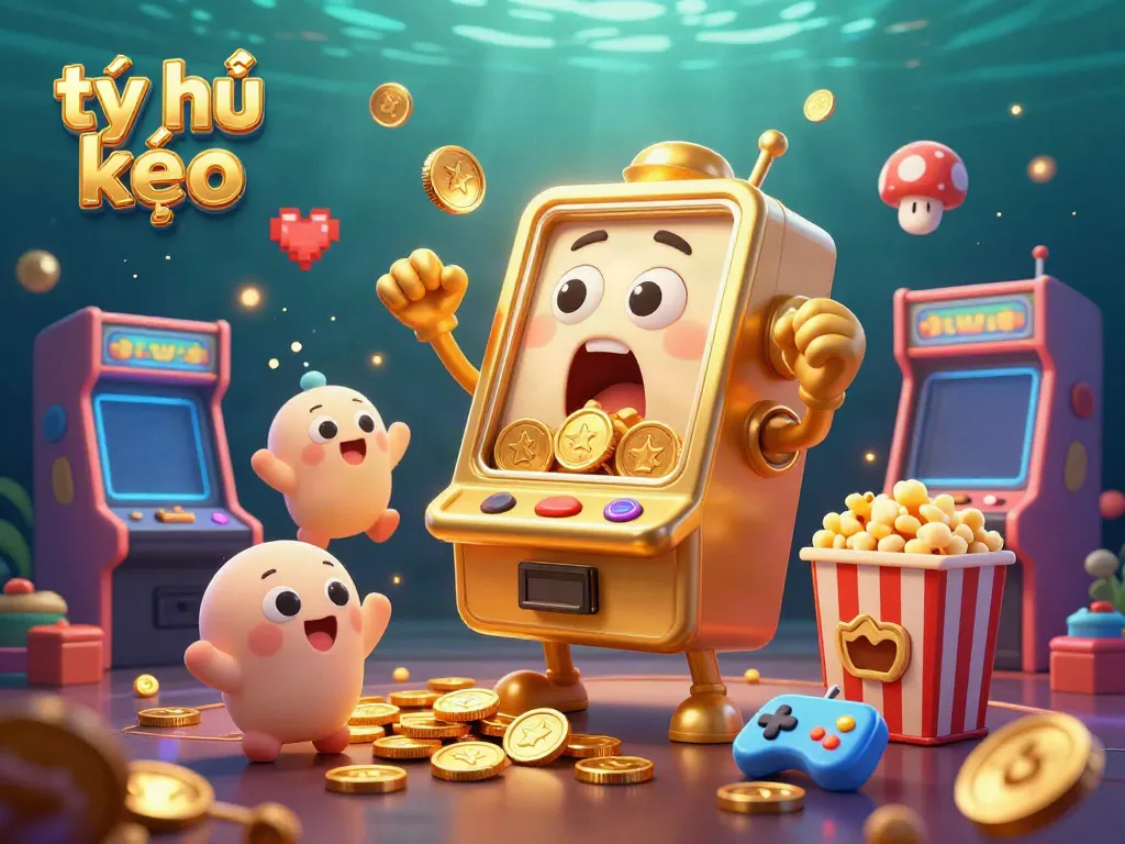 An expressive golden slot machine celebrating its jackpot amongst cheering baby slot machines, focused on tỷ lệ kèo and lively casino elements.