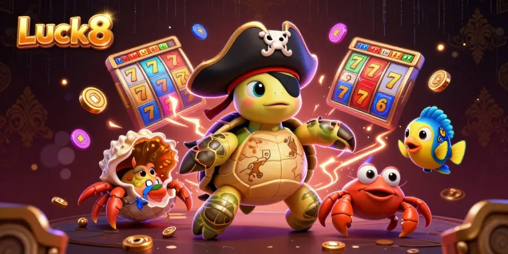 Luck8's lively casino scene featuring a pirate turtle, hermit crab, and parrotfish amidst colorful slot reels.