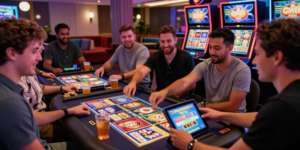 Friends enjoying a gaming session on harta 88 slot interface, showcasing vibrant casino atmosphere.