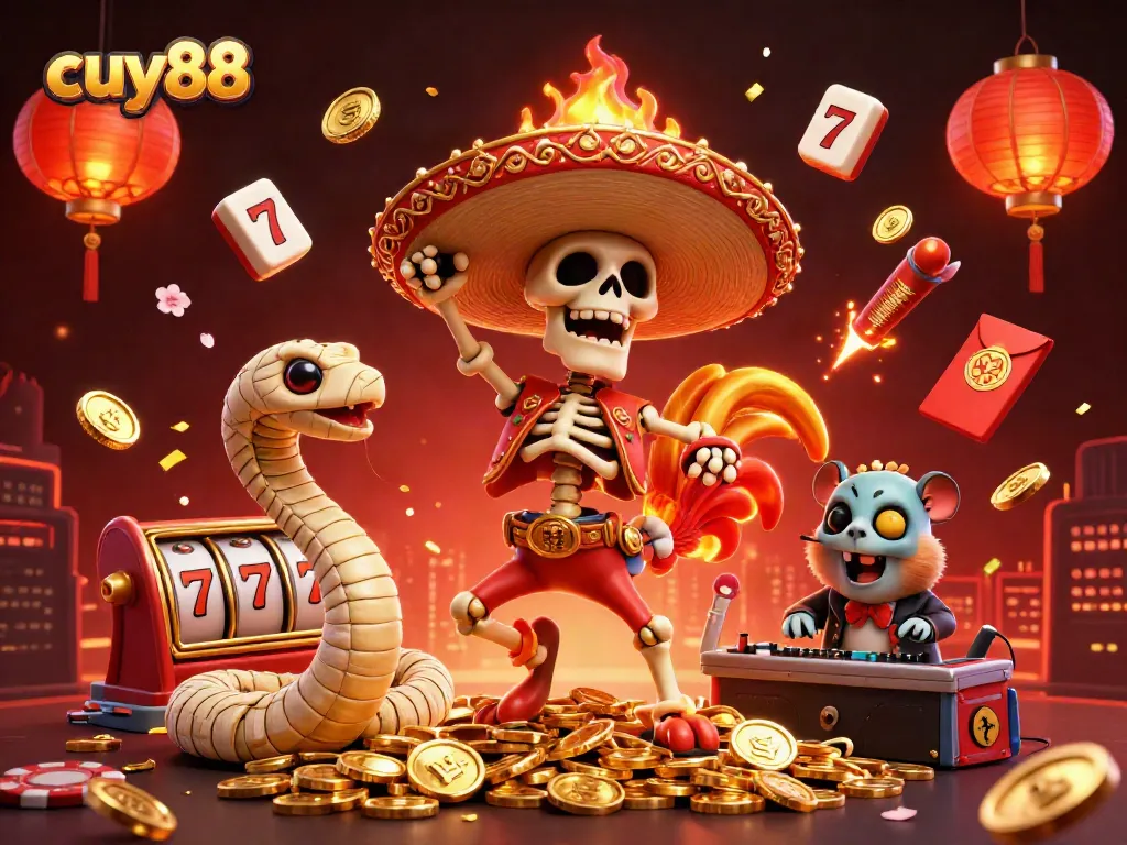 Cuy88 casino illustration depicting a festive scene with a mariachi rooster, mummy snake, and DJ hamster celebrating on golden coins.