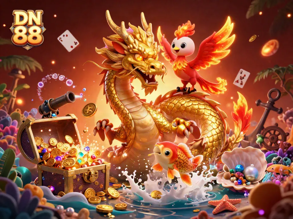 Engage in exciting gaming adventures with DN 88 featuring dynamic illustrations of a golden dragon, phoenix, and koi fish.