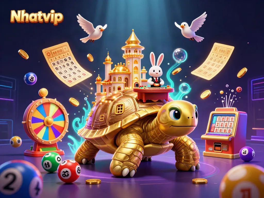 Engage with Nhatvip's vibrant casino scene featuring a gold tortoise and dynamic game elements.