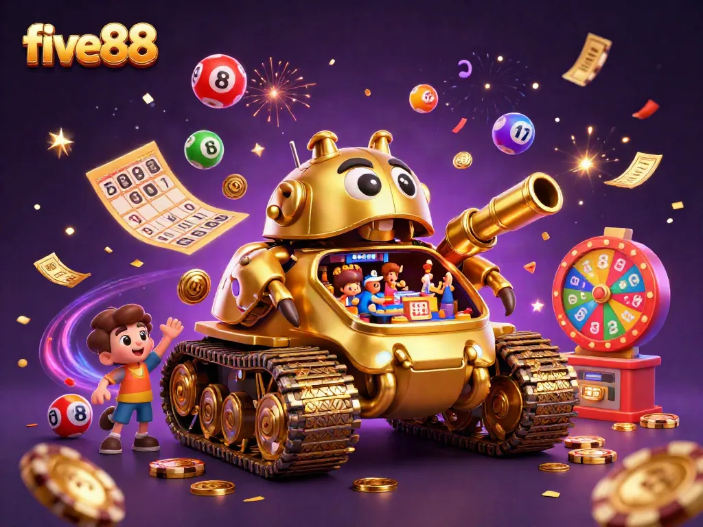 Experience the excitement of five88's casino with a vibrant golden beetle tank and colorful gaming elements.