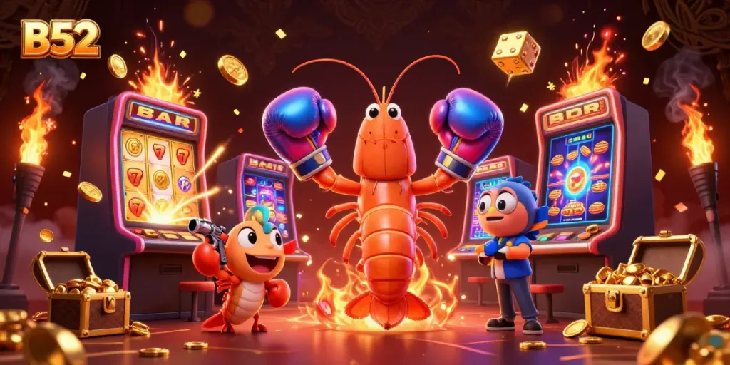 B52 powers up with vibrant casino action, featuring a dynamic mantis shrimp and slot machines.
