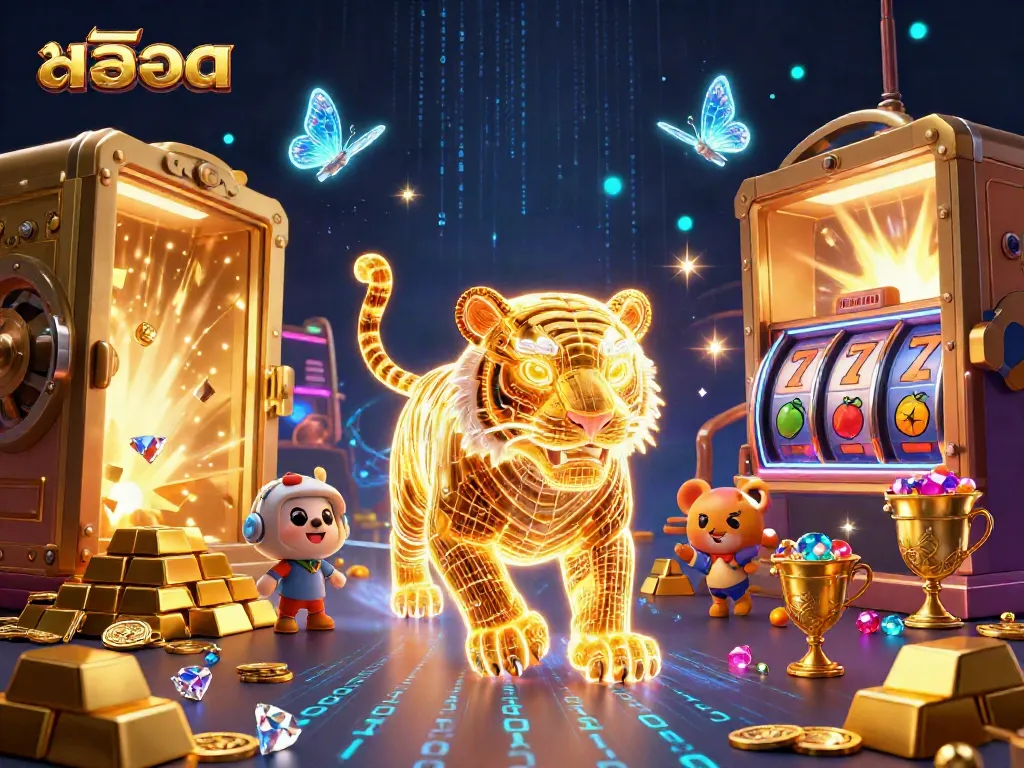 Experience the thrilling world of สล็อต with a neon tiger in a dazzling casino.