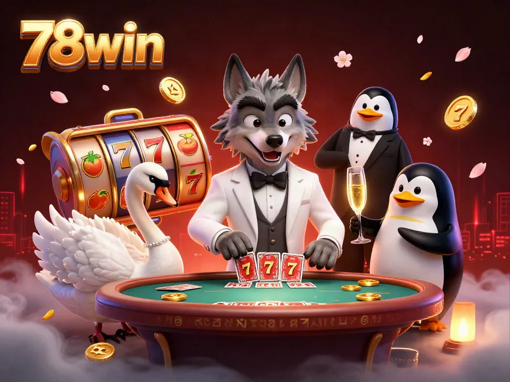 Engage with 78win at an elegant casino scene featuring a wolf, swan dealing cards, and a penguin sommelier.