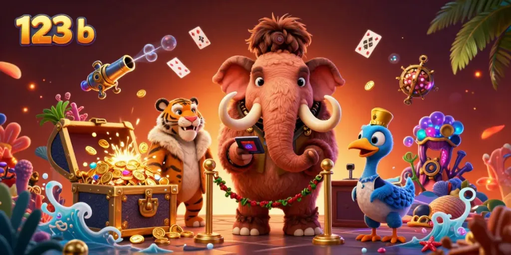 Place your bets at 123 b with a lively scene featuring a woolly mammoth bouncer and vibrant casino elements.