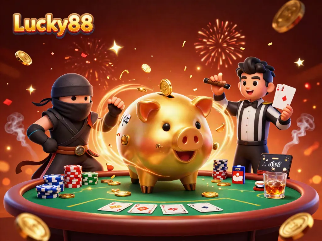 Experience the thrill of Lucky88 with a sumo wrestler and ninja characters at a vibrant poker table.