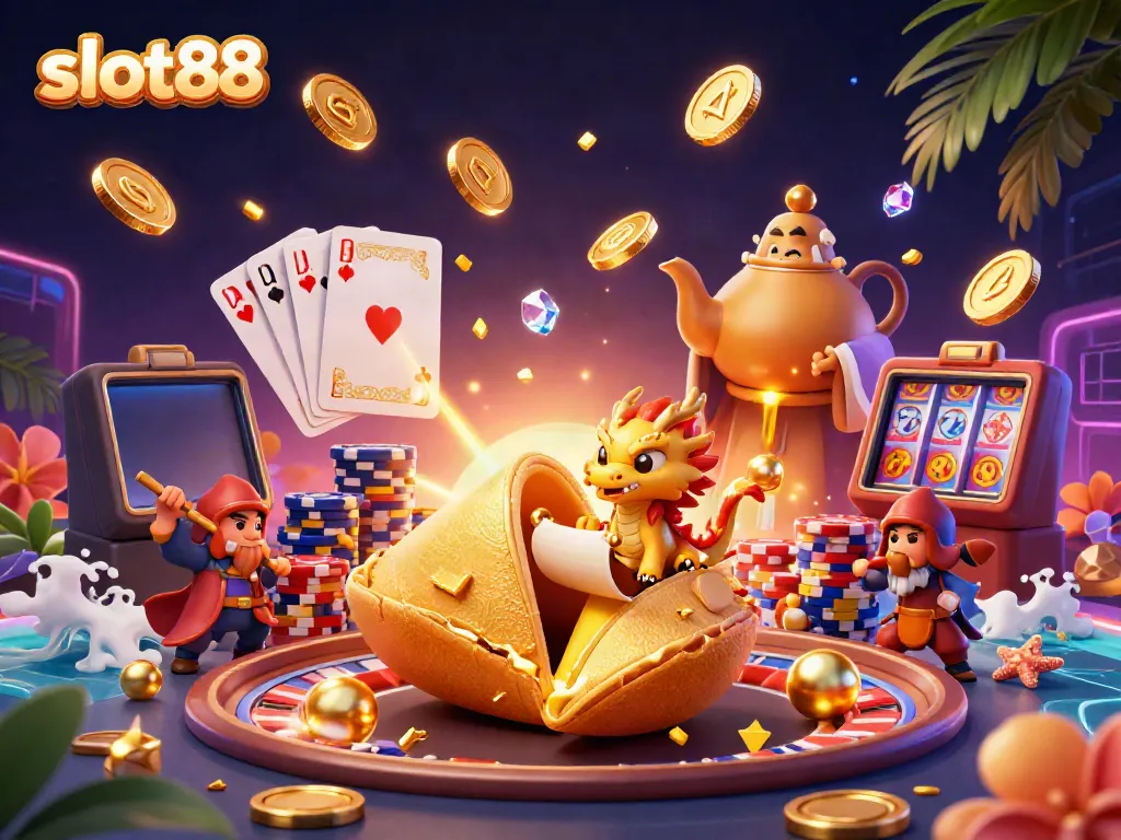 Engage with slot88 featuring a golden fortune cookie and dragon, surrounded by dynamic casino elements.