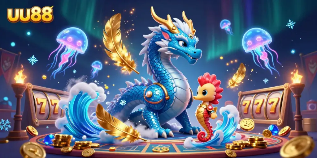 Experience thrilling gaming at uu88 with a vibrant dragon and underwater adventure theme illustration.