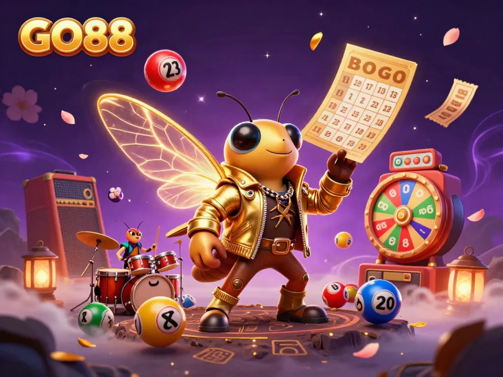 Engage with GO88's vibrant gaming atmosphere featuring colorful lottery elements and celebrated characters.