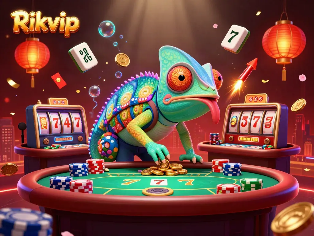 Play at Rikvip where a vibrant chameleon owner manages the casino with glowing elements and dynamic excitement.
