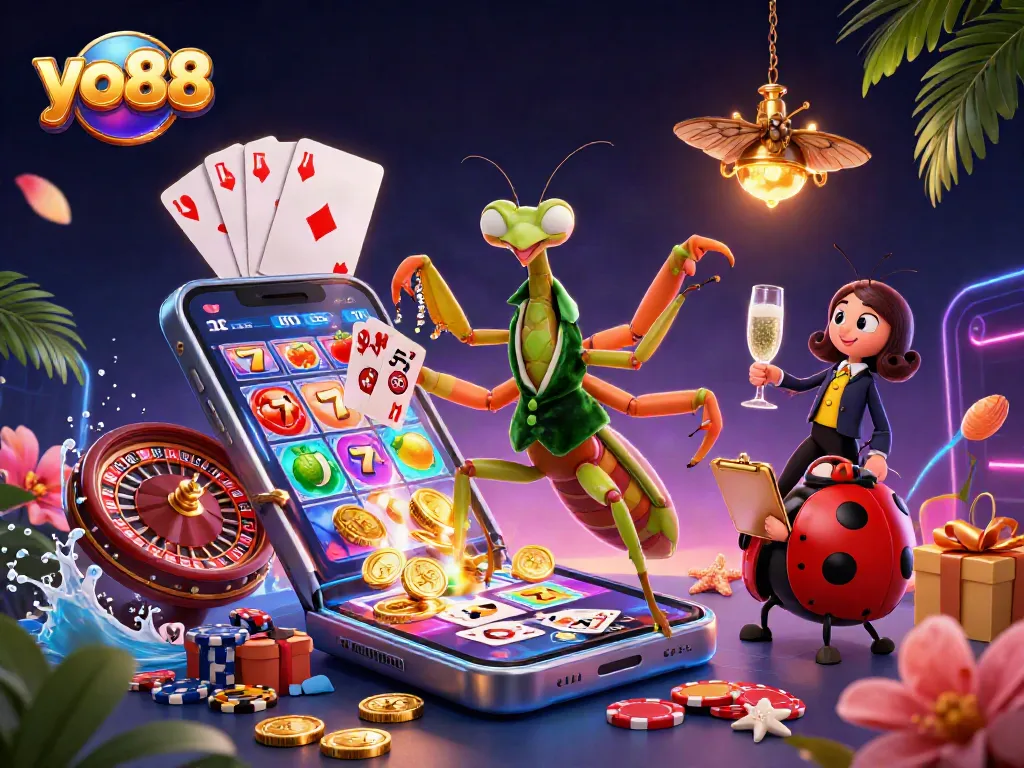 Engage with yo88 as the giant mantis card sharp and ladybug pit boss create an exciting casino scene.