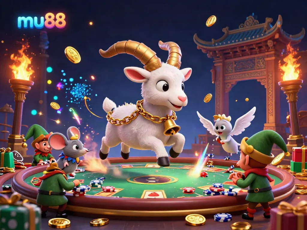 Experience thrilling gameplay at mu88 with Krampus, an angel mouse, and mischievous elves in a vibrant casino.