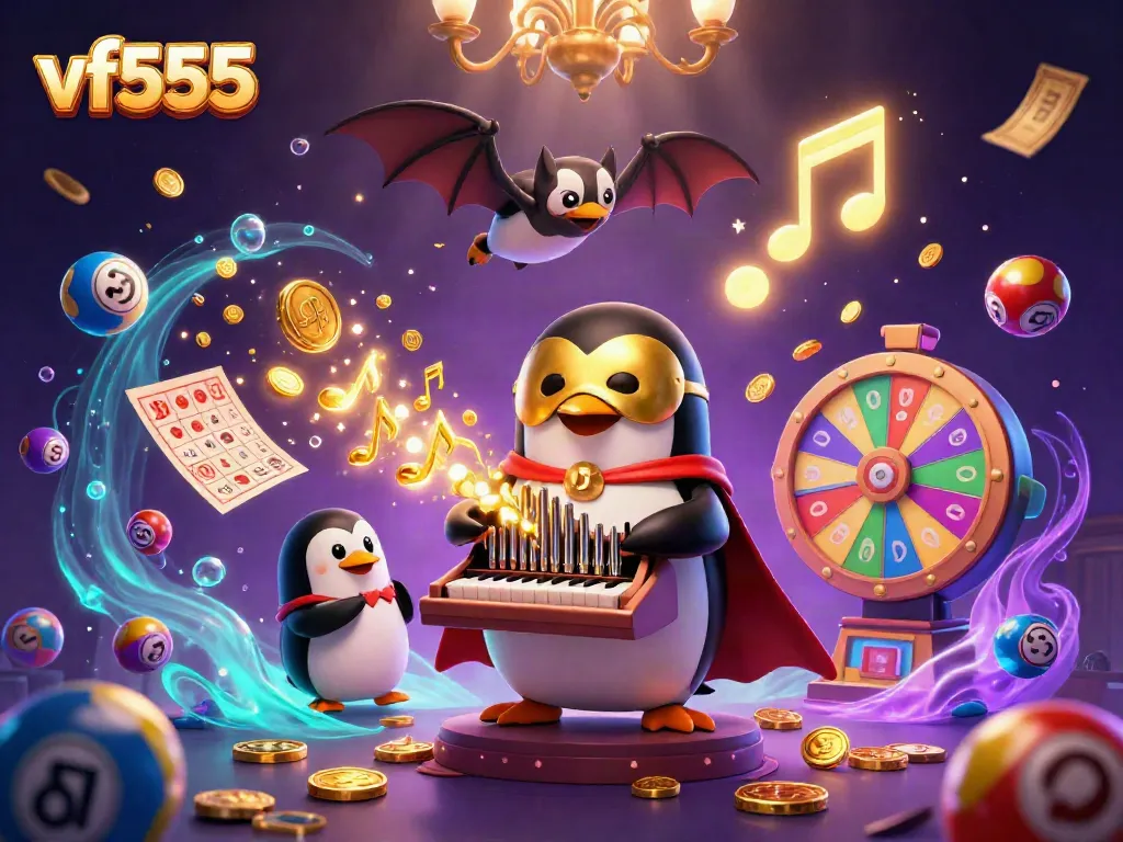 Engage in thrilling opportunities with vf555 as a 3D phantom penguin orchestrates an exciting gambling scene.