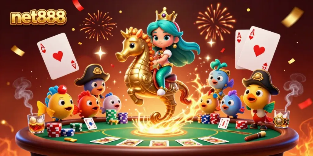 Experience the thrill of net888 with a vibrant 3D mermaid princess and seahorse poker scene.