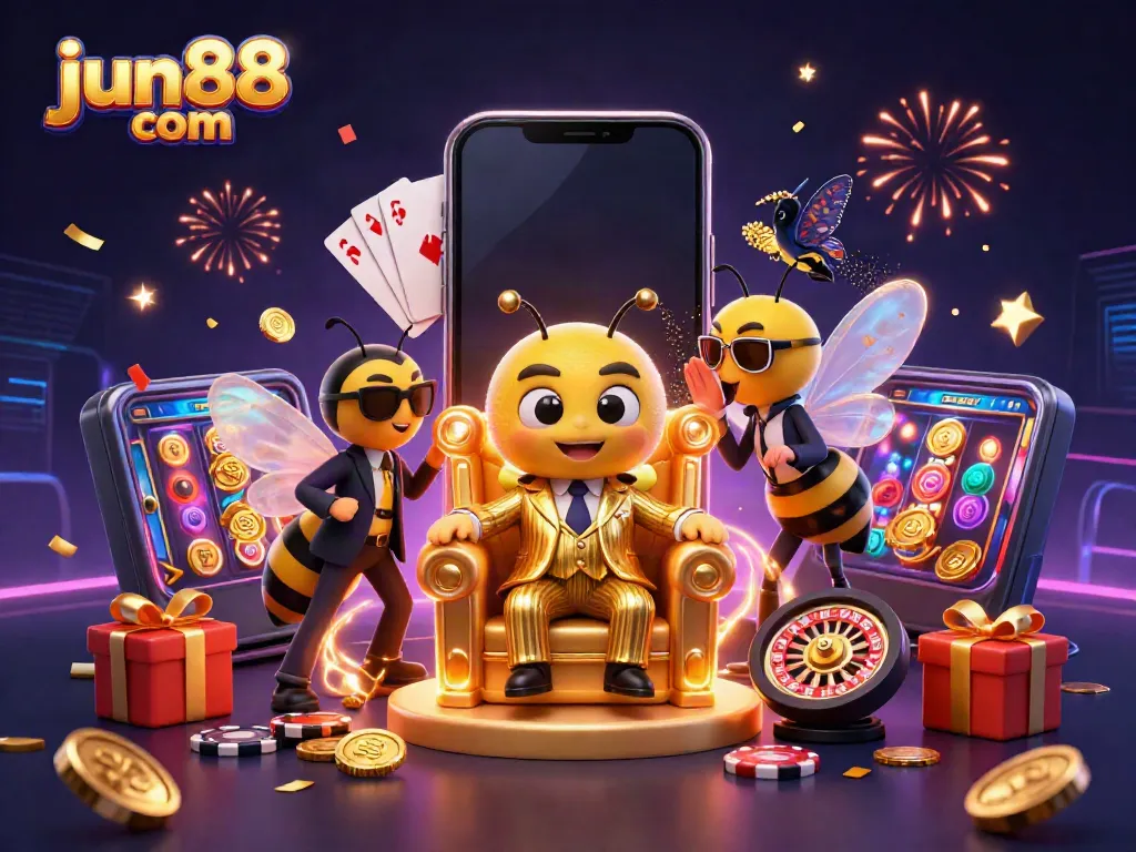 Experience excitement with jun88 com as the bumblebee mob boss rules the casino scene, surrounded by golden coins and games.
