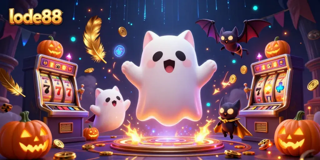 Bet on exciting slots with lode88 as a ghost cat and bat playfully navigate a haunted casino.
