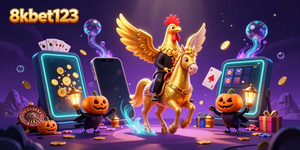 Feel the thrill of slot games with the vibrant atmosphere of 8xbet123, featuring a unique golden rooster and friends.