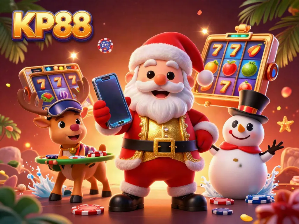 Explore KP88's exhilarating slots experience with cartoon Santa and friends in a vibrant casino.