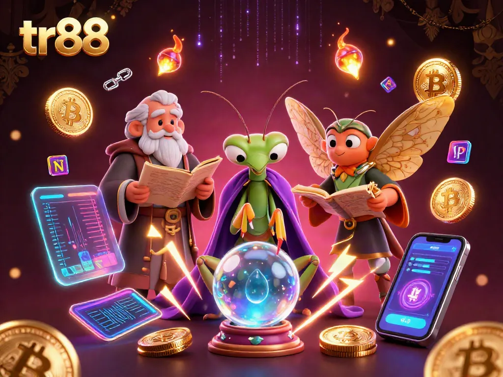 Engage with tr88's vibrant gambling experience featuring a mystical fortune teller and floating coins.