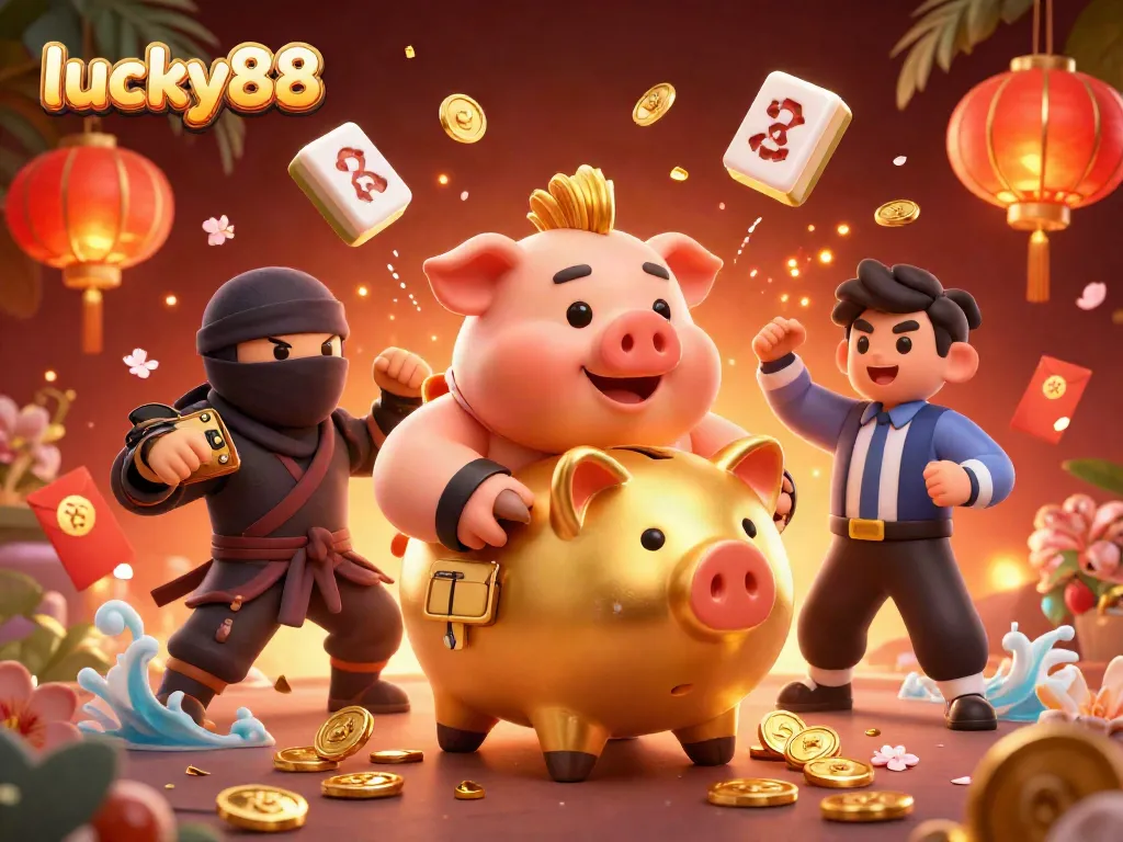 Experience excitement with the lucky88 sumo wrestler and golden coins in a vibrant casino scene.