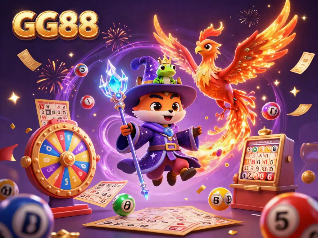 Engage with the whimsical GG88 illustration showcasing a wizard fox, phoenix, and lottery elements celebrating gambling excitement.