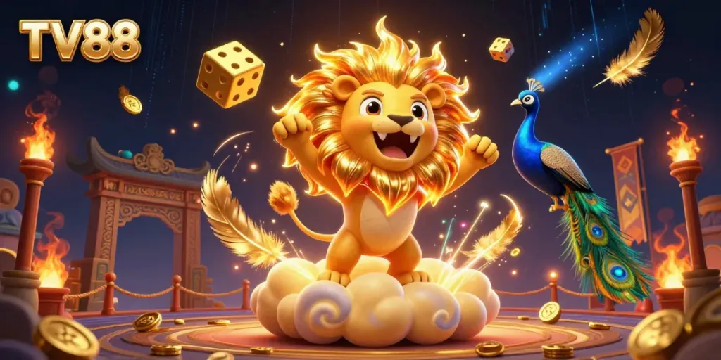 Engage in thrilling gameplay at TV88 with a vibrant 3D illustration featuring the dynamic sun lion.