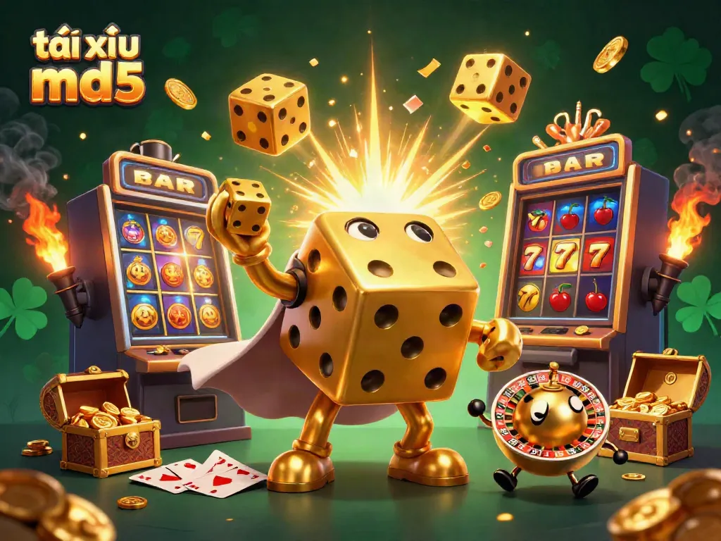 Engaging scene depicting tài xỉu md5 characters with golden dice, slot machines, and exciting casino elements