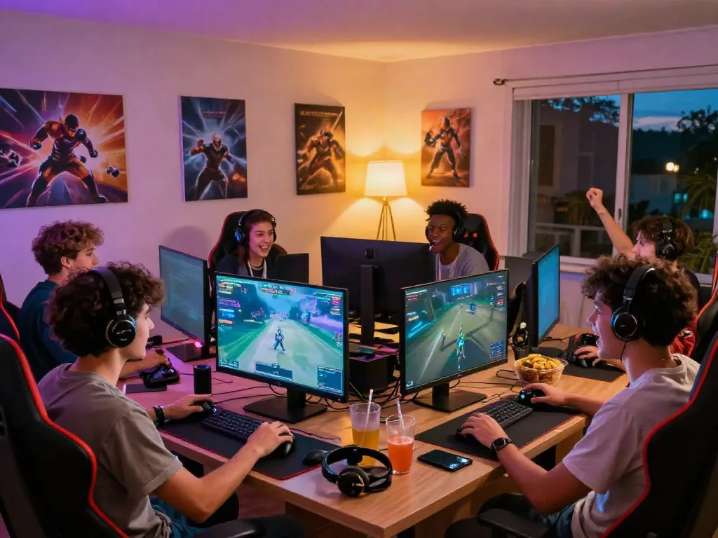 Engaging gaming experience with kilat404 friends at home, showcasing interactive gaming and vibrant atmosphere.