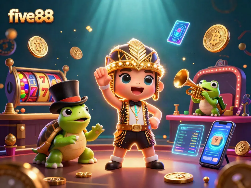 Engage in exciting casino gaming with five88 featuring vibrant slot reels and lively characters.