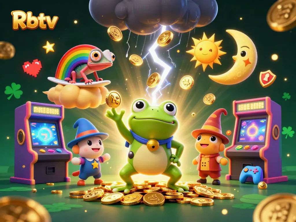 Rbtv menampilkan wizard katak yang menciptakan badai koin emas dalam ilustrasi 3D yang memukau.