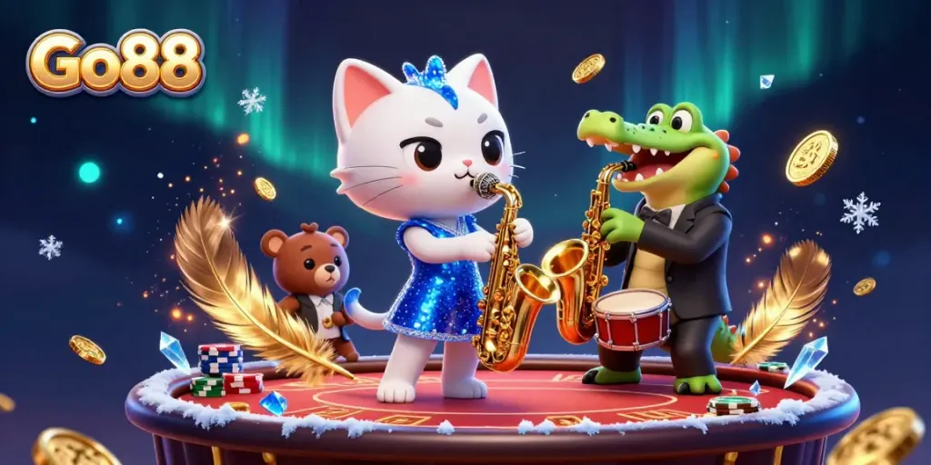 Engage with the Go88 casino scene featuring lively characters performing amidst sparkling visual effects.