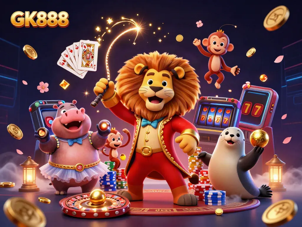 Experience the thrill of GK888 with a vibrant casino-themed illustration featuring engaging characters and game elements.