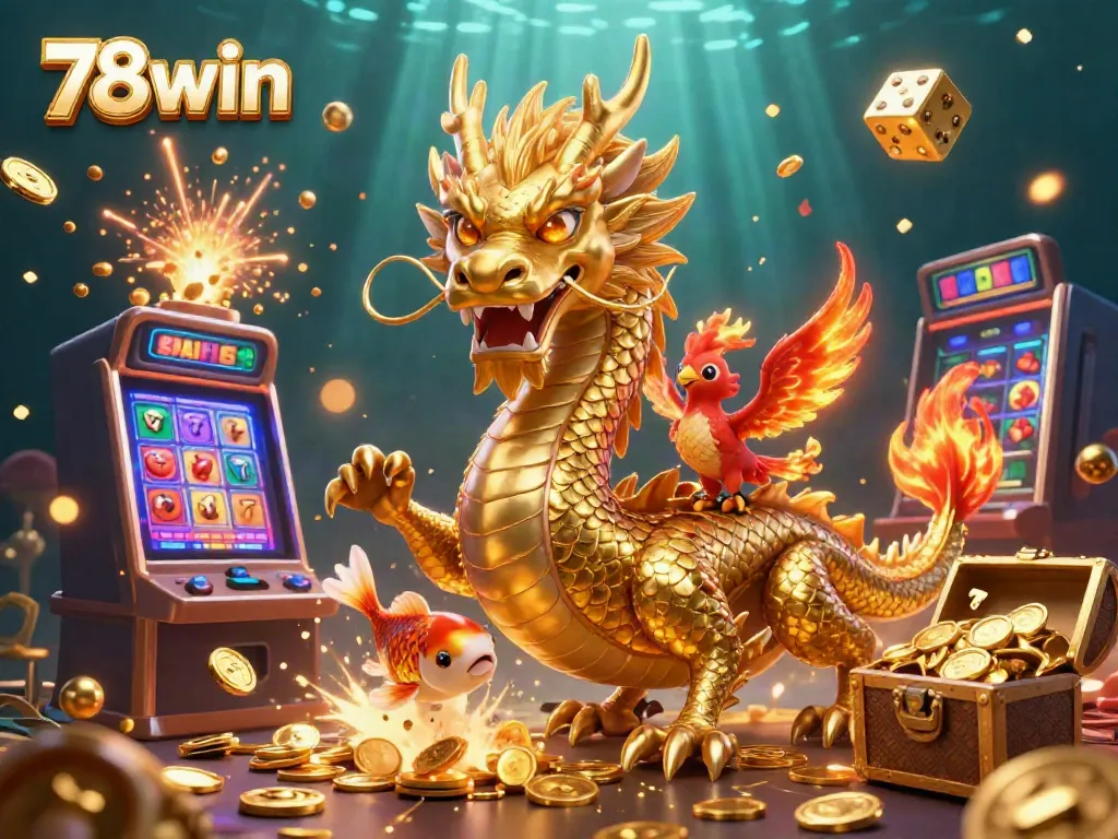Experience the thrill of 78win's online casino with a vibrant 3D scene featuring a dragon, phoenix, and koi fish amidst celebratory visuals.