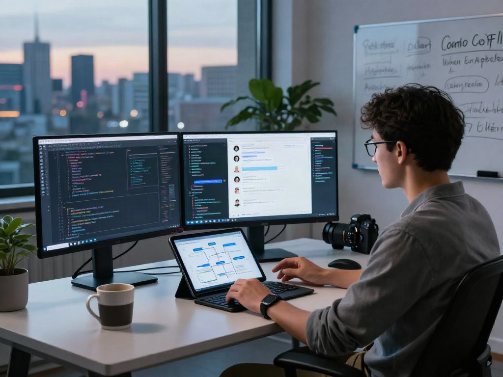AI chat NSFW platform development workspace with programmer coding and chatbot designs